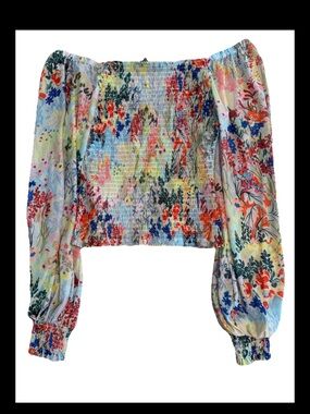 Cottagecore Coquette nymphet  Anthropologie Smocked Mesh Top Pastel Floral Crop